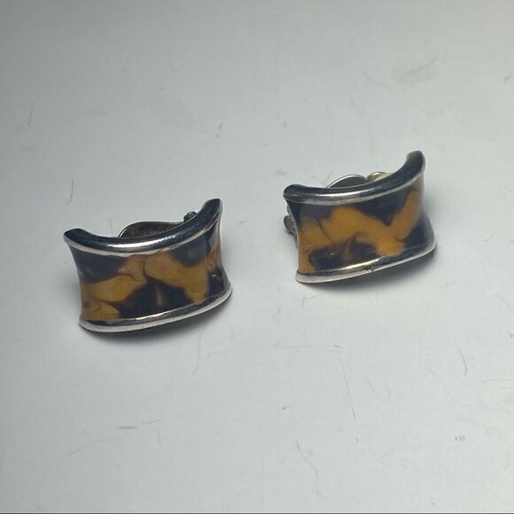 Vintage Silver Tone Leopard Print Enamel Hoop Clip On Earrings - Picture 2 of 4